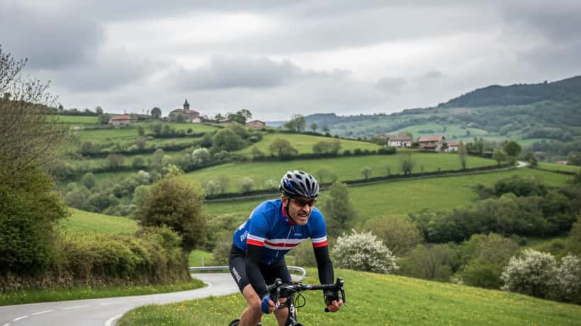 Cycliste amateur sur route de montagne au Pays Basque lors d'une sortie printanière en avril