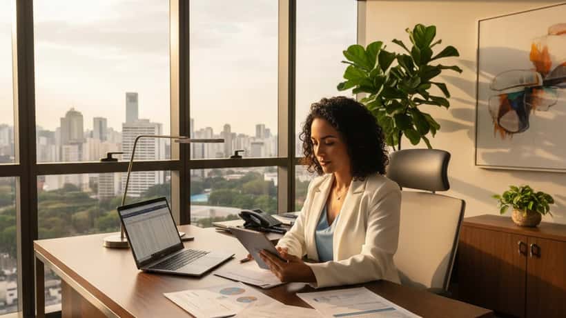 Advogada brasileira revisando projeto de lei sobre apostas online em escritório moderno em São Paulo