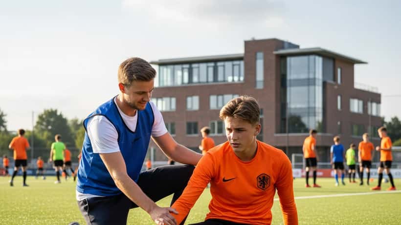 Jonge voetballer die hamstring uitrekt op trainingsveld in Amsterdam begeleid door fysiotherapeut