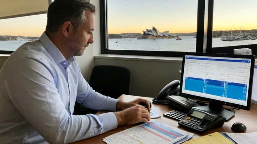 Australian financial adviser reviewing credit card travel rewards and statements in a Sydney CBD office