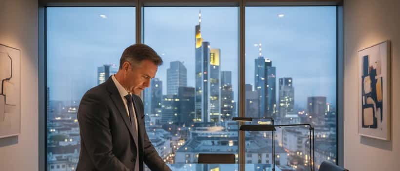 Deutscher Geschäftsmann analysiert Finanzkarten zu Mitteleuropa in modernem Frankfurter Büro mit Stadtblick