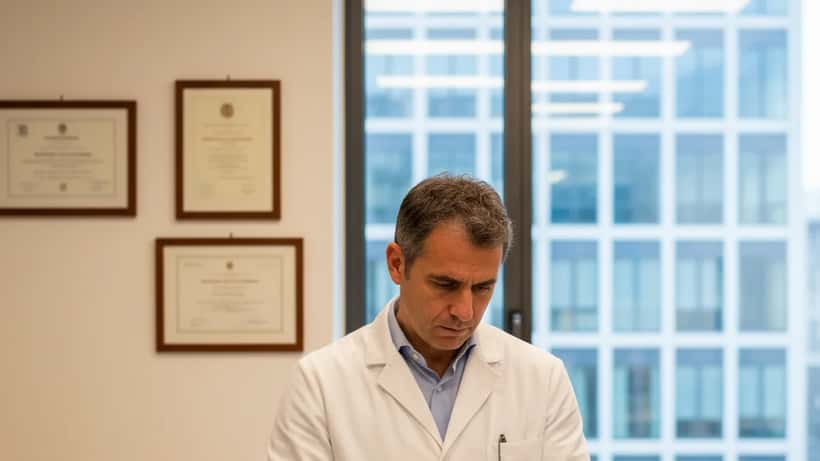 Oncologo italiano che analizza profilo molecolare di tumore in ambulatorio moderno a Milano