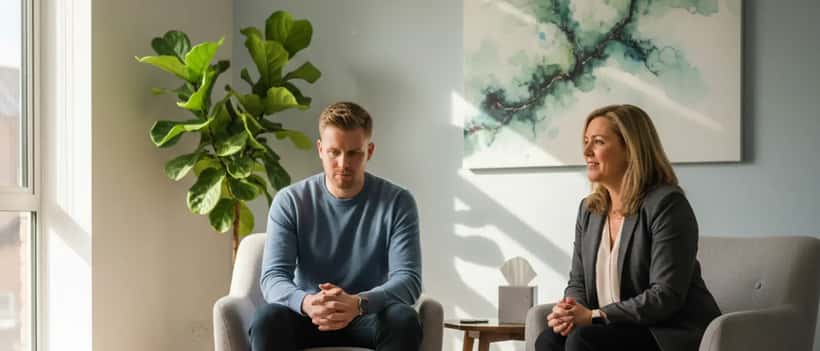 British grief counsellor in a calm therapy room with a patient in a supportive consultation
