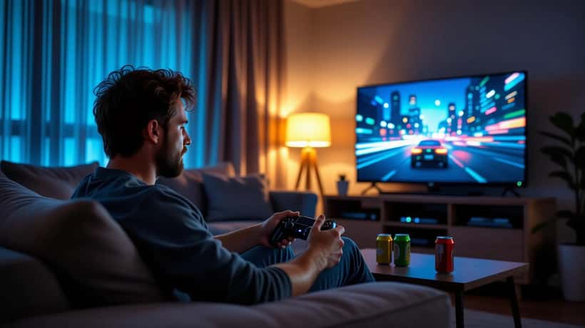 Man rubbing sore wrist on a couch while holding a game controller at night