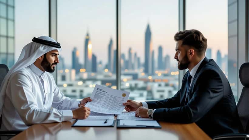 Foreign football player and sports lawyer reviewing Saudi Pro League contract documents in a Riyadh office