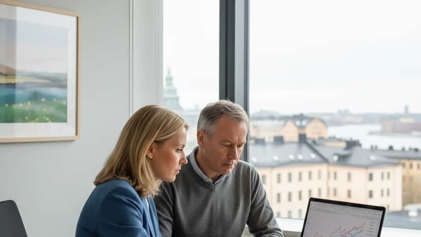Finansiell rådgivare granskar investeringsportfölj i Stockholm med SEB-kund 2026