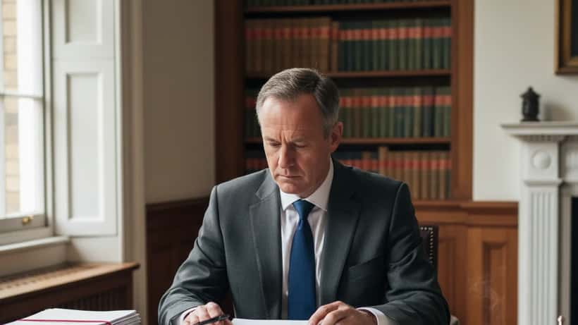 British solicitor reviewing probate and inheritance tax documents at his London office desk