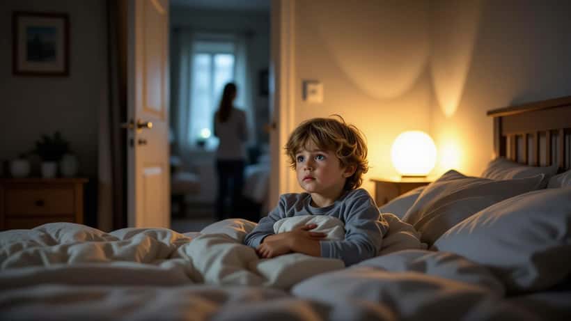 Niño asustado en su cama por la noche con la silueta de un padre en la puerta