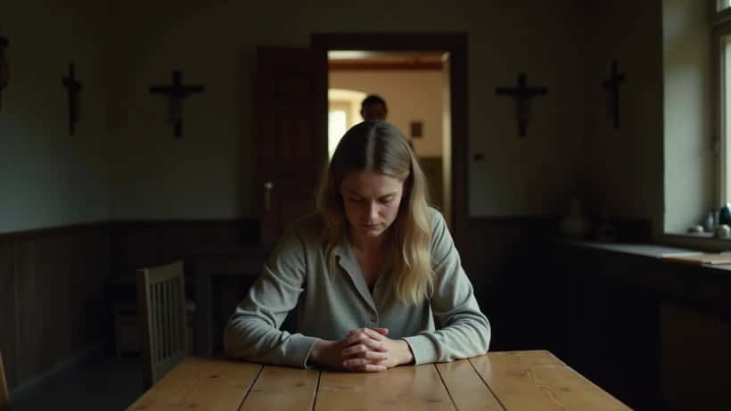 Nederlandse vrouw kijkt neergeslagen in donkere boerderijkeuken terwijl een man imposant op de achtergrond staat