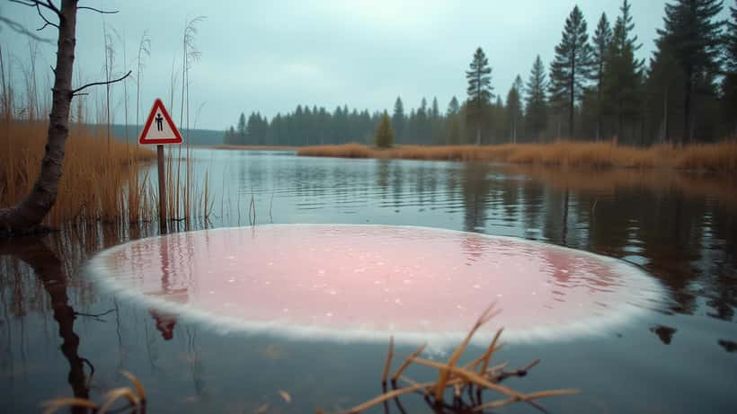 Suomalainen metsäjärvi, jossa näkyy vaaleanpunaista bakteerimassaa rantakasvuston lähellä