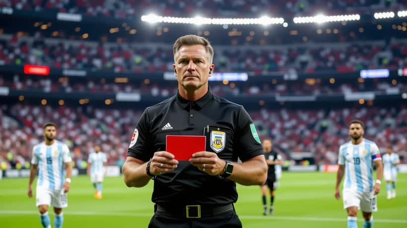 Arbitre football tenant un carton rouge lors d'un match de Coupe du Monde 2026