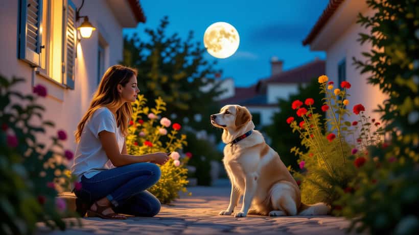 Mulher portuguesa a examinar o seu labrador de noite com lua cheia ao fundo, jardim urbano em Lisboa
