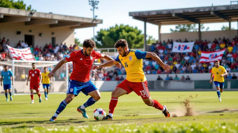 Calciatori in azione durante una partita di calcio dilettantistico in uno stadio pugliese