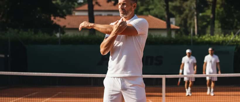 Tennisspieler dehnt Schulter vor Spiel auf Sandplatz