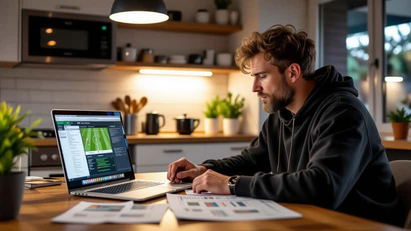 Sports bettor checking Premier League betting odds on laptop with ATO tax form on table in Sydney