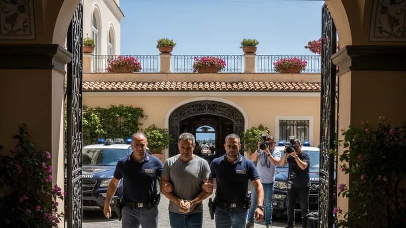 Polizia italiana che scorta un arrestato all'uscita di un hotel di lusso in Campania