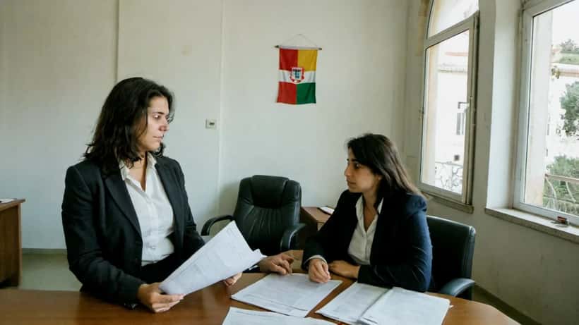 Advogada em Leiria a consultar vítima de violência doméstica em escritório jurídico