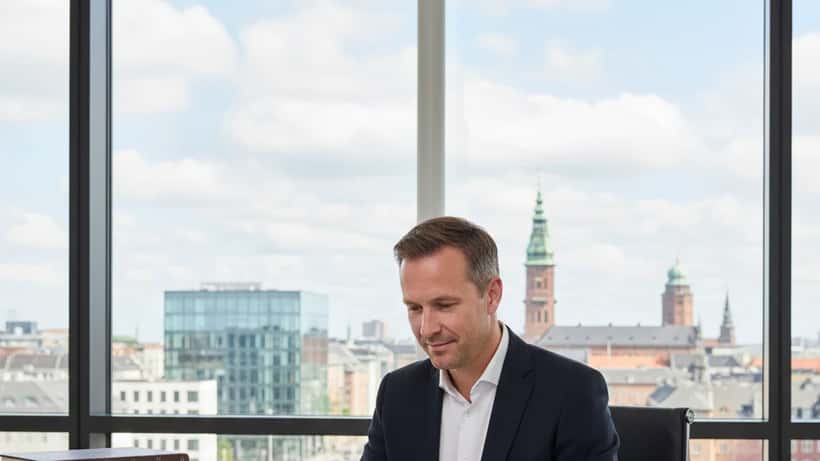 Dansk advokat gennemgår ansættelseskontrakt på et moderne kontor i København