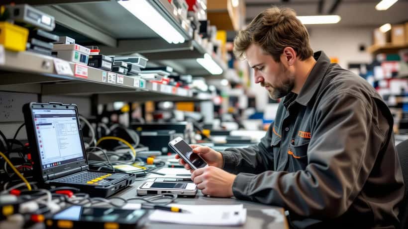 Consumer electronics technician inspecting an iPhone circuit board in a repair workshop