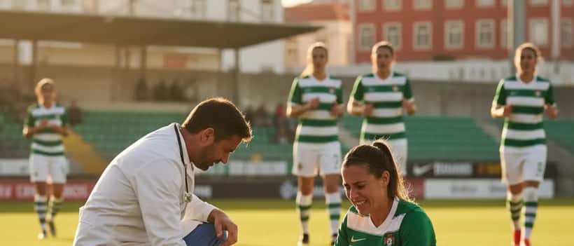Médica desportiva examina lesão muscular de futebolista portuguesa num campo de futebol ao entardecer