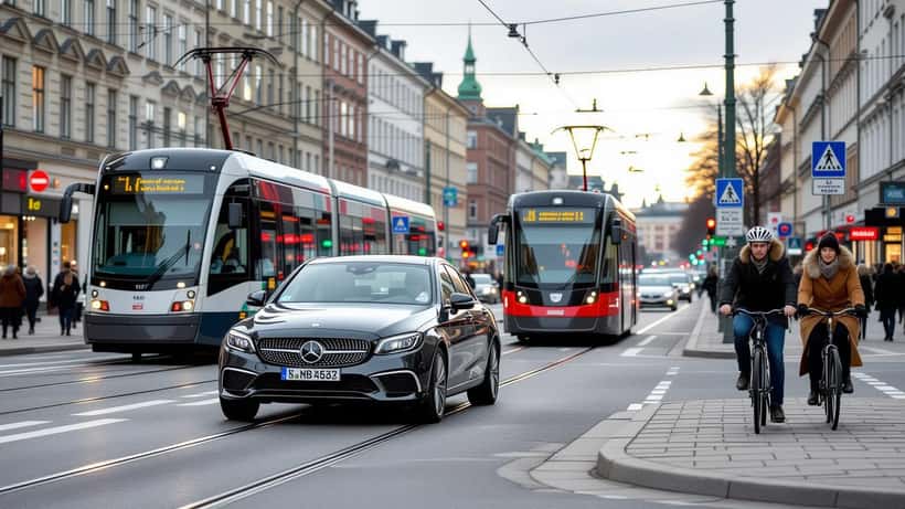 Autoilija ajaa Helsingin jaetulla ratikkakadulla, kojelautakamera tuulilasissa ja raitiovaunu taustalla