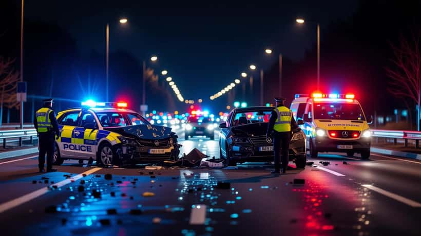 Emergency vehicles at night at a crash scene on a dual carriageway, police tape and officers in hi-vis vests