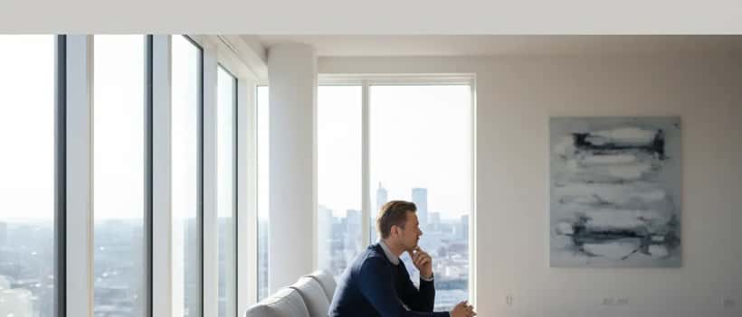 Skandinavisk man sitter ensam i ett modernt apartment och reflekterar i naturligt dagsljus
