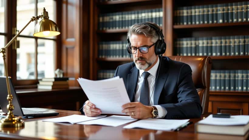 Solicitor reviewing music copyright royalty documents in a London legal office