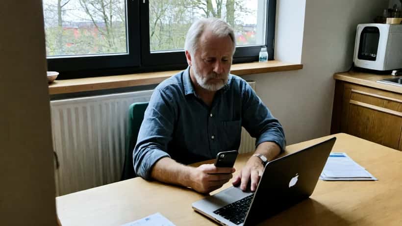 Mann sjekker mistenkelig SMS på mobiltelefon, bekymret for svindel