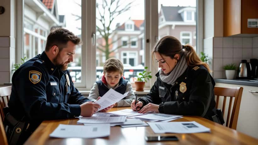Agent en familielid bekijken documenten aan een keukentafel in Amsterdam na een vermissing