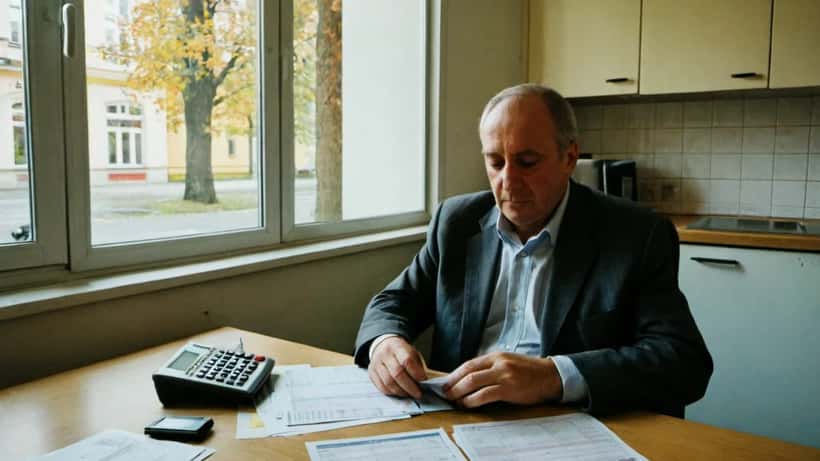 Österreichischer Mann überprüft Finanzdokumente und Sparkontoauszüge zu Hause