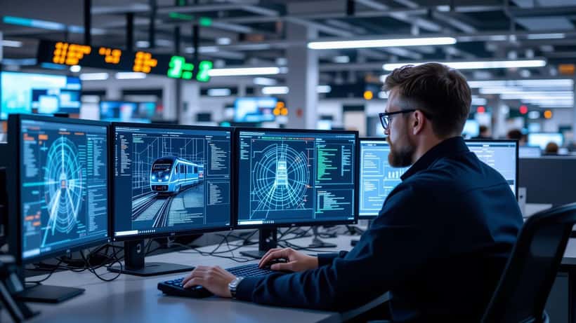 IT-säkerhetsspecialist granskar järnvägsnätets cybersäkerhetsövervakning på kontrollcenter i Sverige 2026