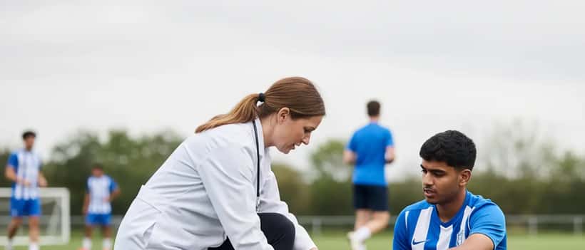 Sports medicine specialist assessing an amateur footballer's leg on a training pitch