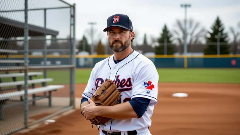 Recreational baseball pitcher gripping his elbow in pain on a Canadian community diamond