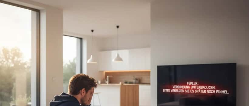 Junger Mann schaut frustriert auf TV-Bildschirm mit PSN-Fehlermeldung