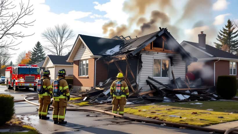 Pompiers devant une maison détruite par explosion de gaz à Hamilton Ontario en octobre 2026