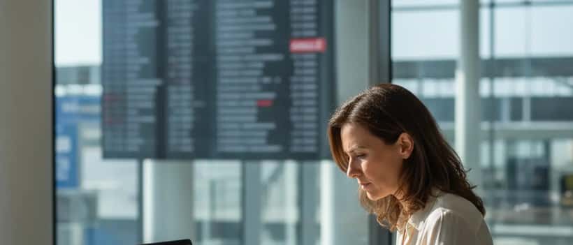 Femme française consultant des documents juridiques liés à l'annulation d'un vol Aeroflot
