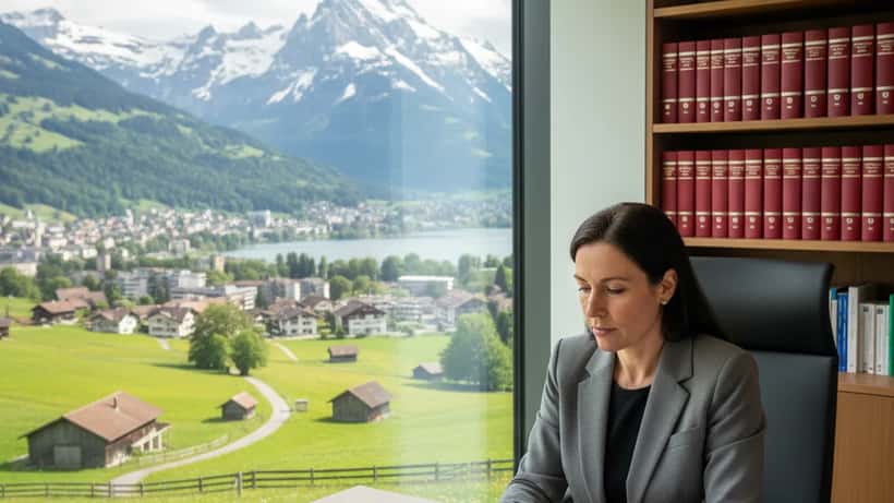 Avocate en droit de la consommation examinant des étiquettes de fromage rappelés dans un bureau à Genève