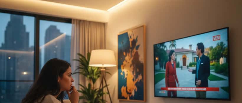 Mujer joven observando un reality show con expresión de ansiedad