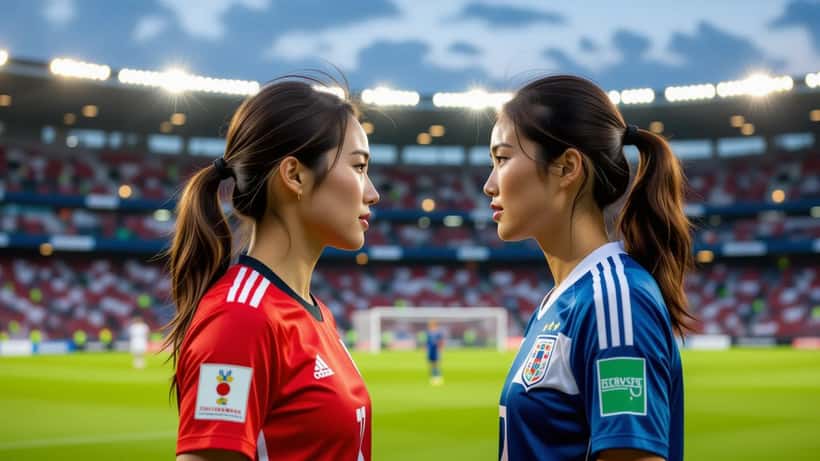 Jogadoras do Japão e da Suécia frente a frente num campo de futebol profissional