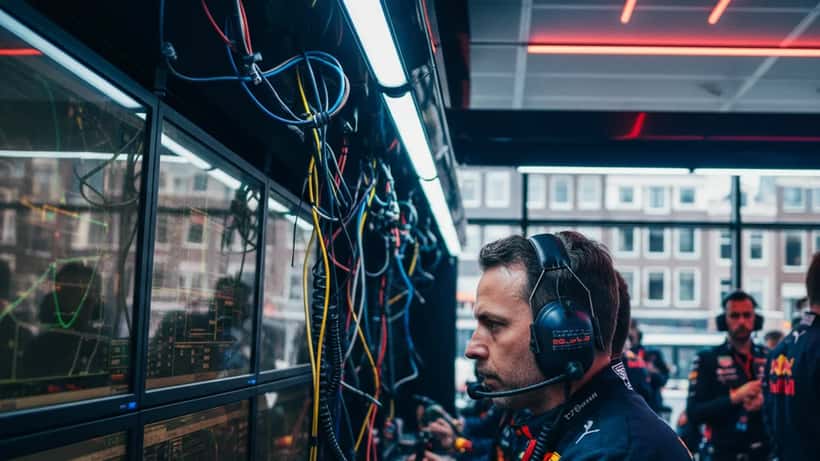 F1 race-engineer analyseert telemetriedata op meerdere schermen in de pitwall
