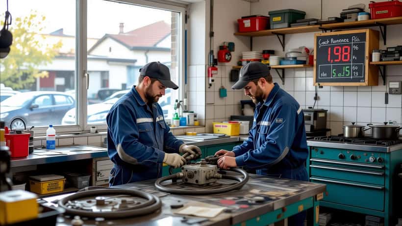 Mécanicien inspectant le circuit d'alimentation d'une voiture ancienne dans un garage en France