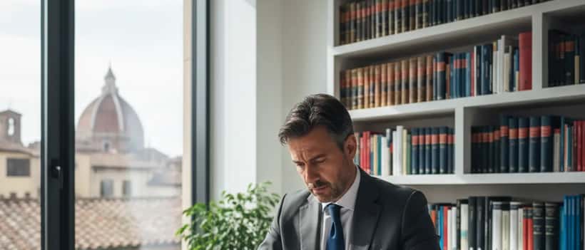 Avvocato italiano che esamina documenti ufficiali in uno studio legale moderno