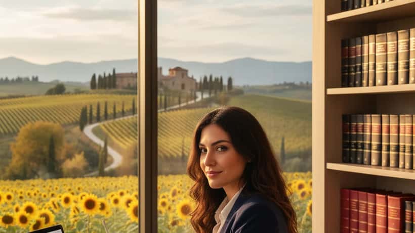 Una lavoratrice italiana incinta in blazer professionale esamina documenti di lavoro nel suo ufficio a Milano