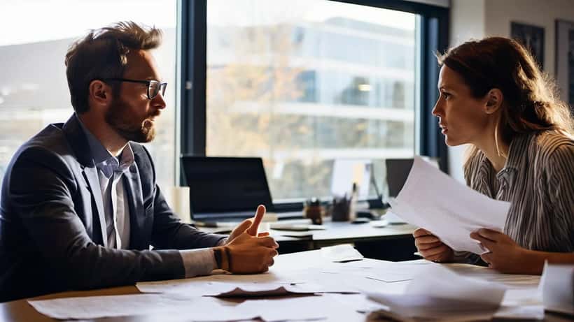 Two professionals in tense confrontation in a Canadian office, illustrating workplace conflict and mental health