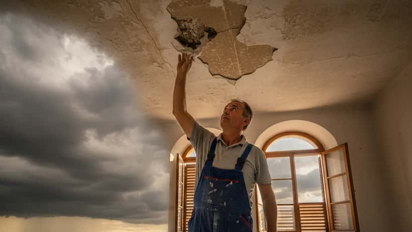 Artigiano italiano che ispeziona danni al soffitto dopo una tempesta in Abruzzo