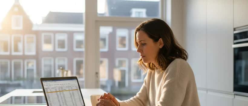 Nederlandse vrouw kijkt bezorgd naar streamingabonnement op laptop aan keukentafel