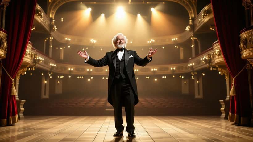 Älterer Schauspieler auf Wiener Theaterbühne im Rampenlicht, aktives Altern 2026