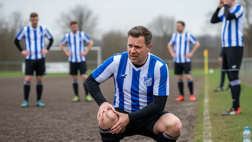 Amateurfußballer hält sich verletzte Oberschenkel auf einem Fußballplatz im Ruhrgebiet