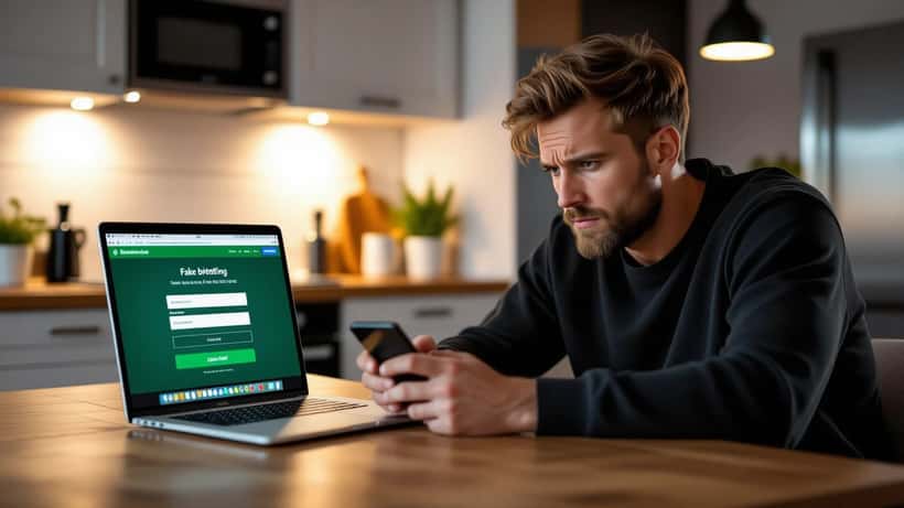 Bekymret mand kigger på falsk bet365-login-side på laptop med mistænkelig svindel-SMS på mobilen